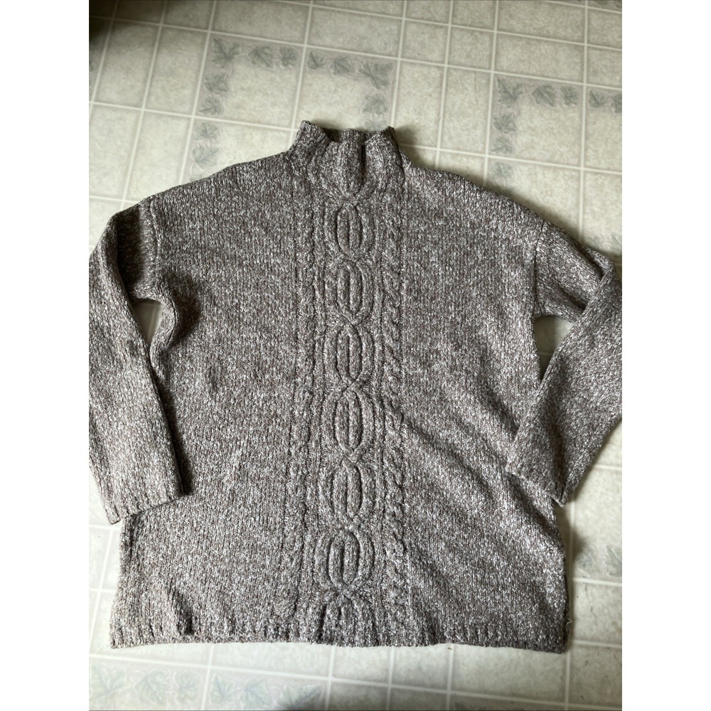 J Jill Brown White Cable Knit Mock Neck Pullover Sweater Tunic Small Teddy‎ bear